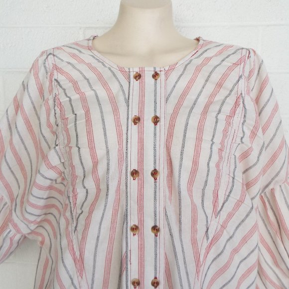 New BLUHEAVEN by Umgee S cotton striped Bishop sleeve casual ruched loose top - Picture 4 of 8